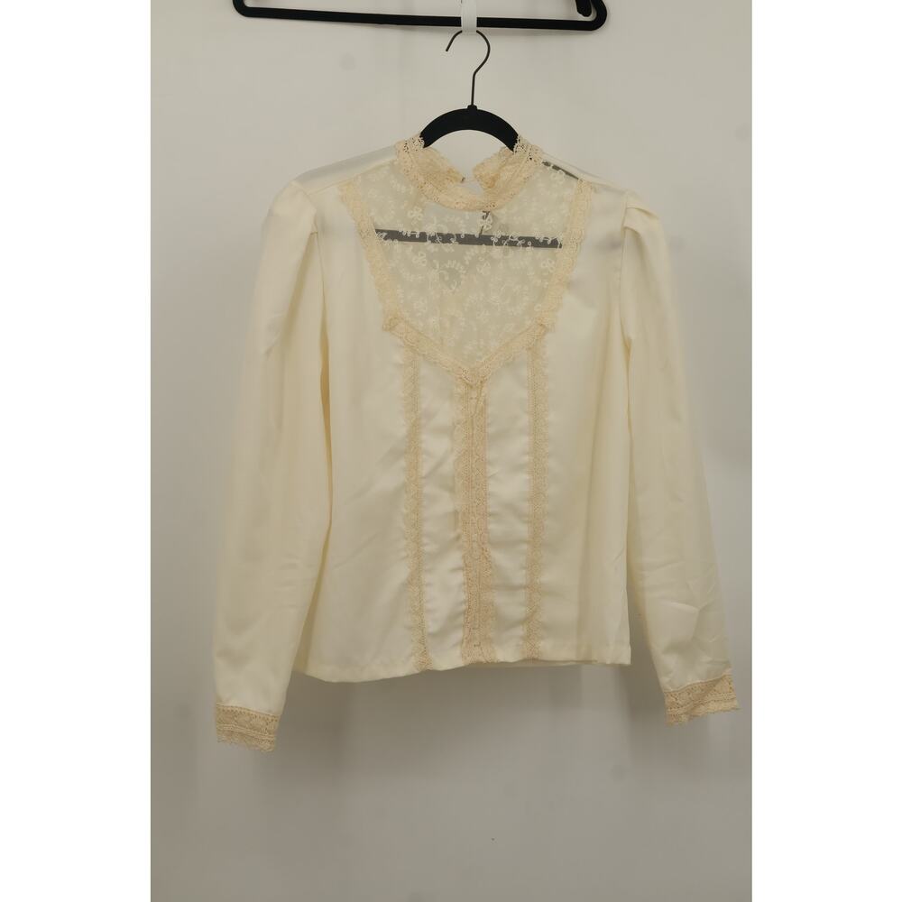 Alice Stuart Womens High Neck Lace Trim Pleated Blouse Long Sleeve Size 12 Cream